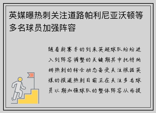英媒曝热刺关注道路帕利尼亚沃顿等多名球员加强阵容
