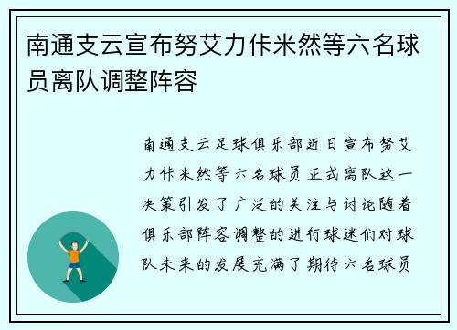 南通支云宣布努艾力佧米然等六名球员离队调整阵容